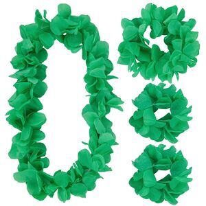 2845 4pcs Hawaiian Lei Set, Green Luau Wreath Garland Hawaii